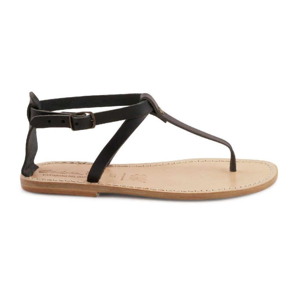 Handmade t-strap leather flat sandals for women