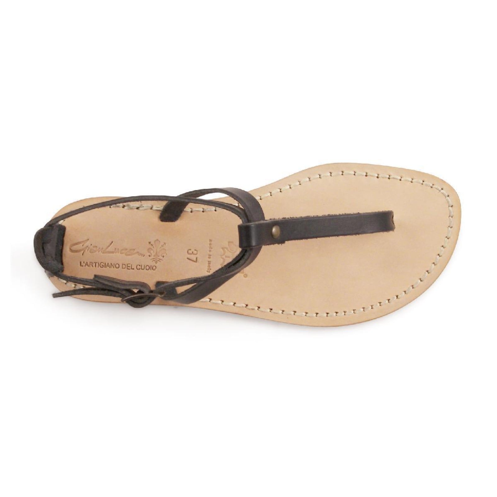 Hand gefertigte Damen-Sandalen mit T-Steg aus schwarzem Leder