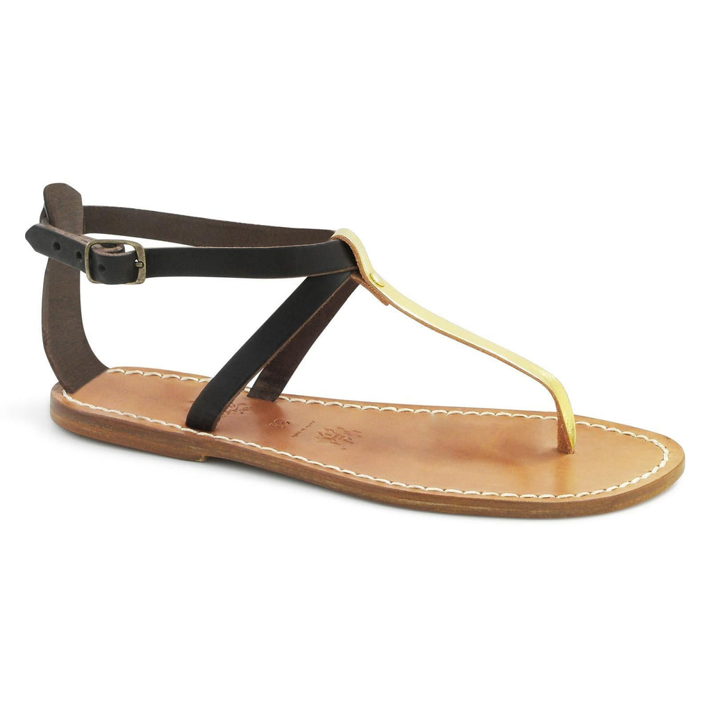 Sandali infradito donna in pelle bicolore merrone e oro
