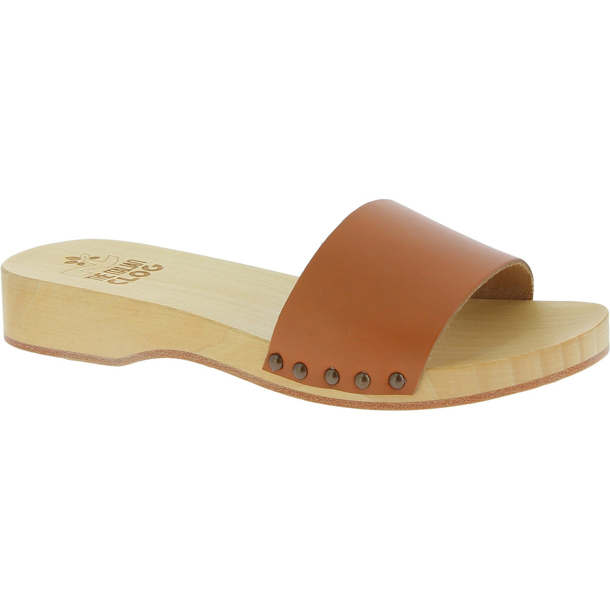 Zoccoli in legno da uomo con fascia in pelle color cuoio