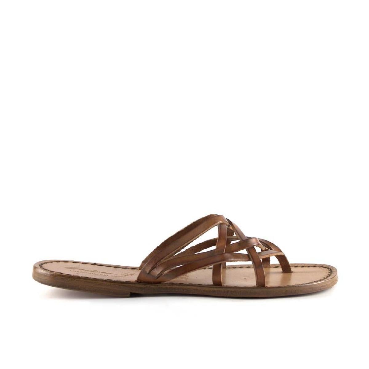 Hand gefertigte Damen-Sandalen mit Riemenstreifen aus Leder im Vintage-Look und Ledersohle