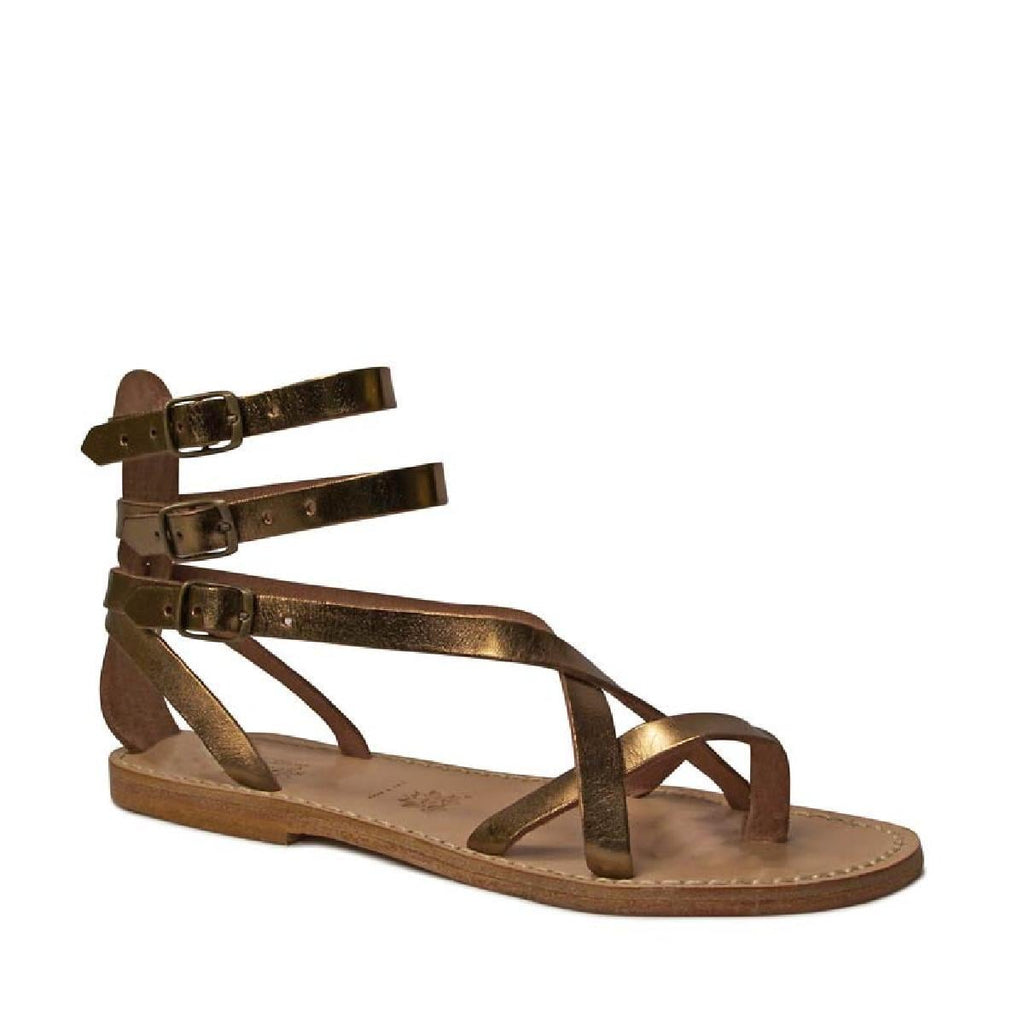 Hand gefertigte Damen-Riemchen-Sandalen im Gladiator-Stil mit Bronzelaminierung und Ledersohle
