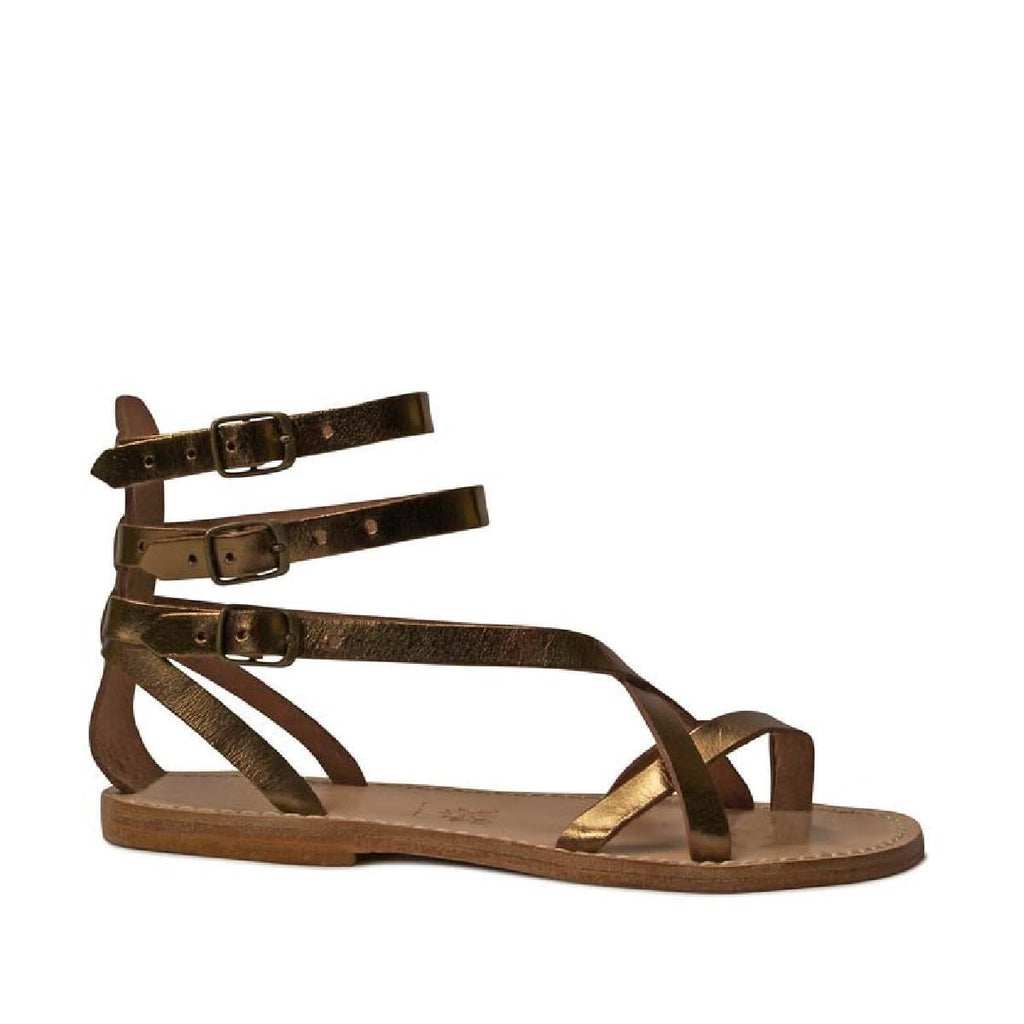 Hand gefertigte Damen-Riemchen-Sandalen im Gladiator-Stil mit Bronzelaminierung und Ledersohle