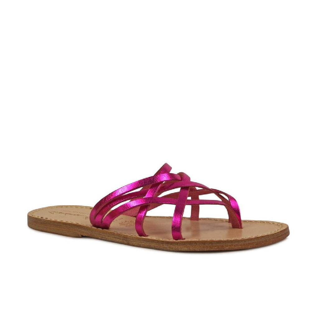 Ciabatte infradito donna in pelle laminata fucsia