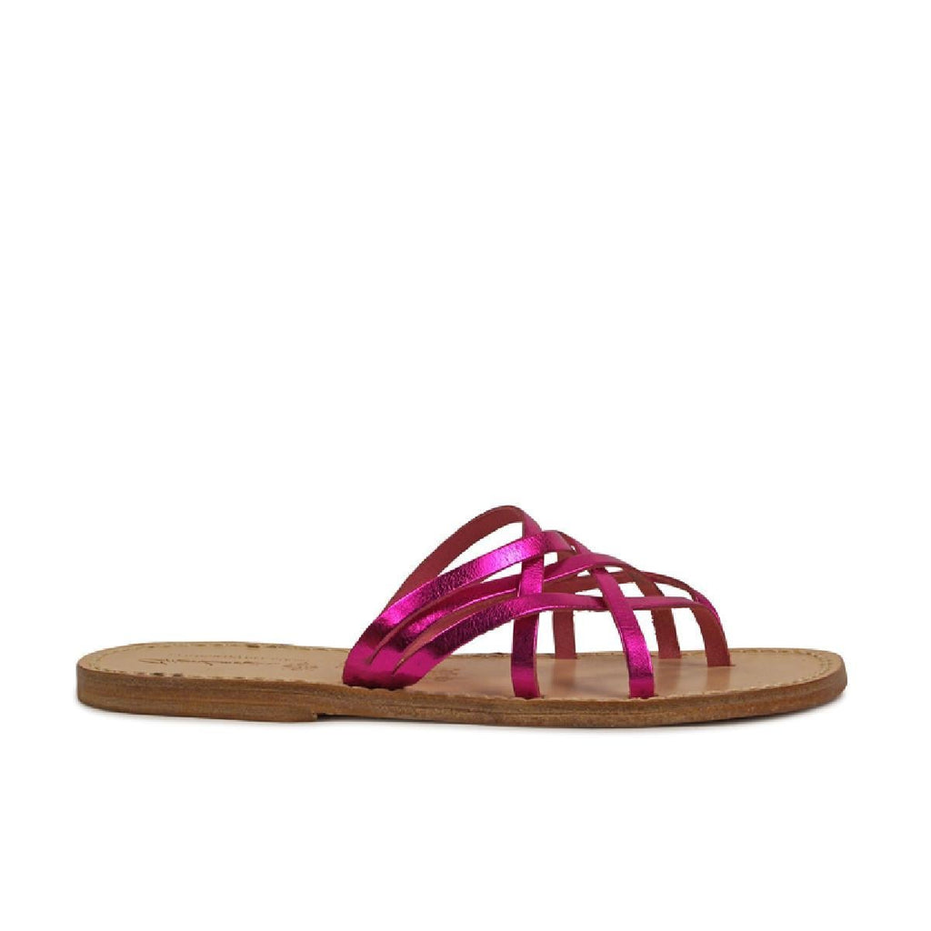 Ciabatte infradito donna in pelle laminata fucsia