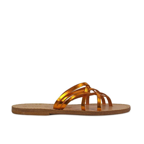 Damen-Riemchen-Sandalen mit oranger Laminierung in Italien von Hand gefertigt