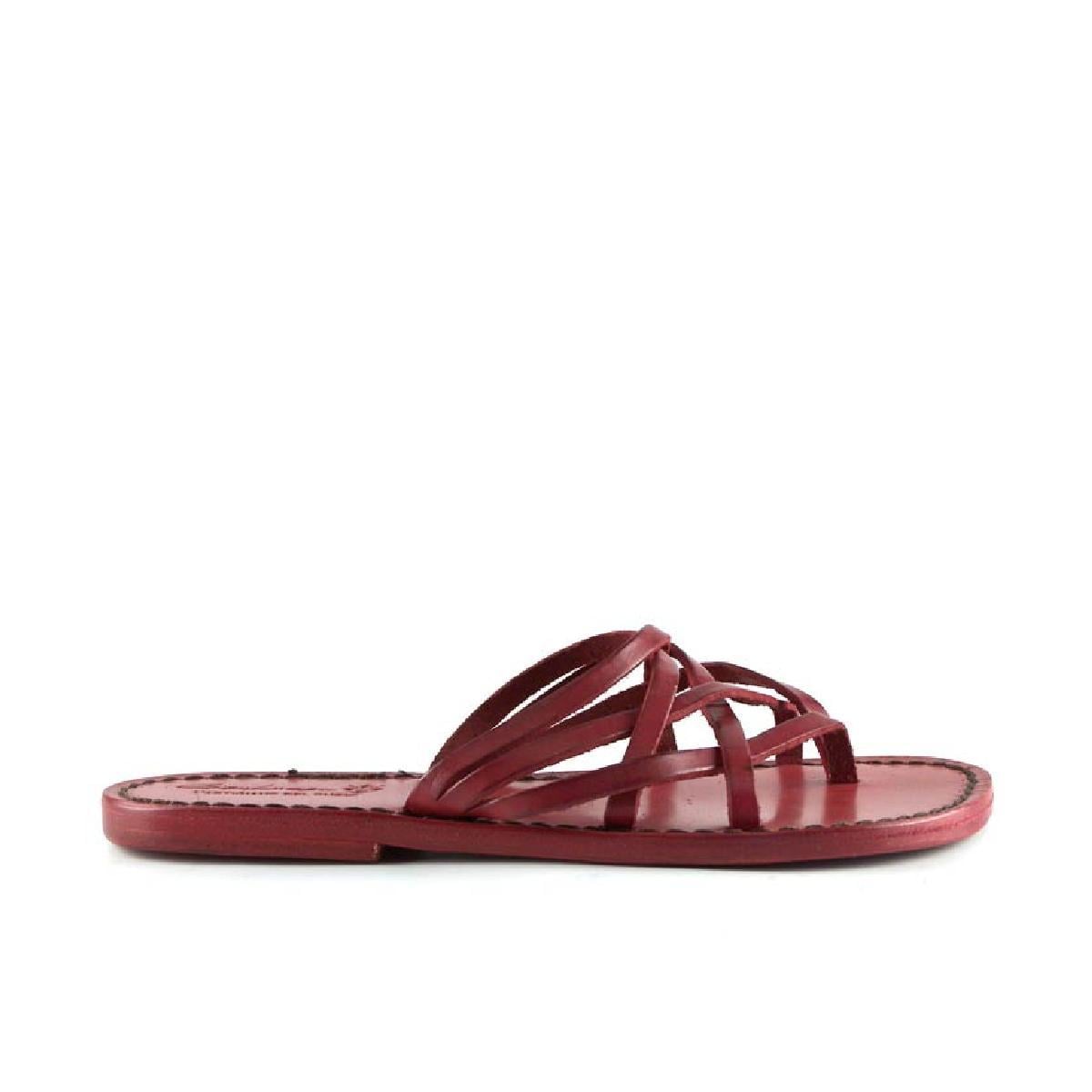 Hand gefertigte Damen-Sandalen mit Reimenstreifen aus rotem Leder und Ledersohle