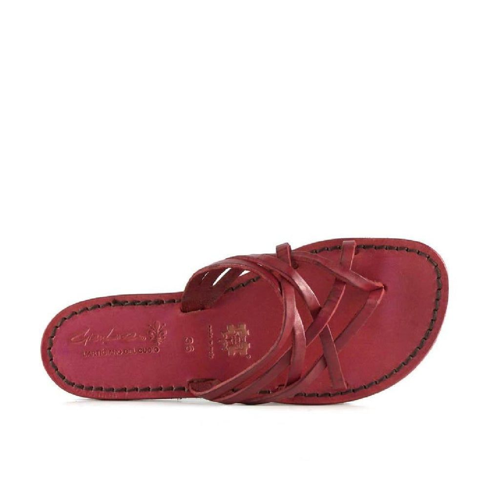 Infradito donna fatti a mano in pelle intrecciata rosso con suola in cuoio