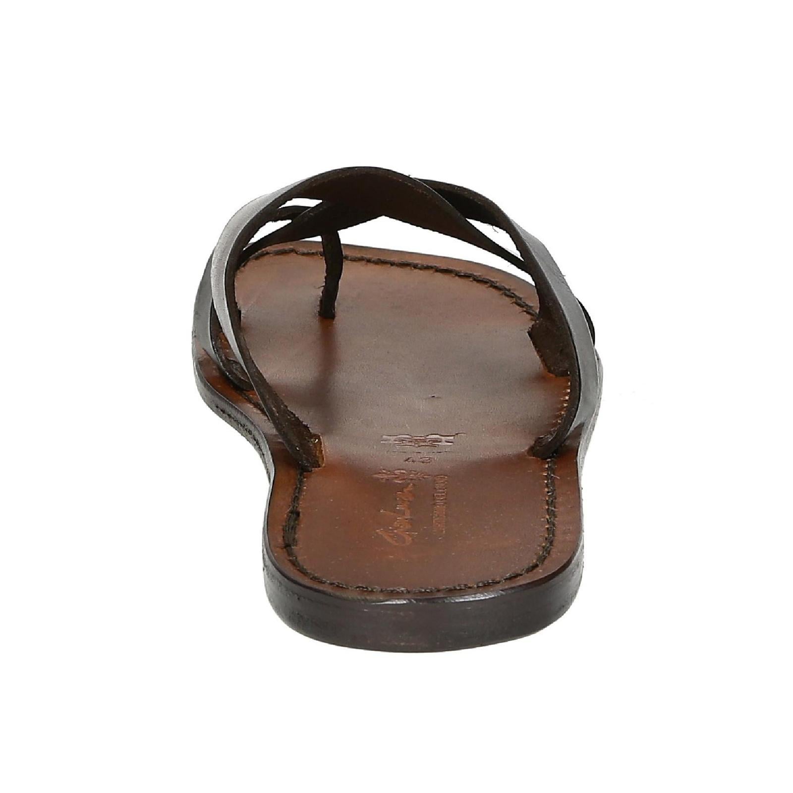 Handmade brown leather thongs braid around the big toe and leather sole