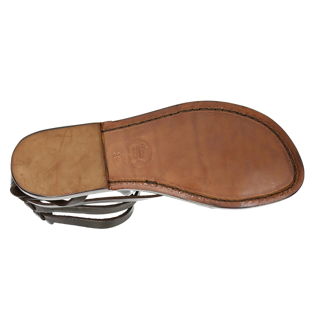 Hecho a mano en Italia womens esclavo sandalias en cuero marrón oscuro