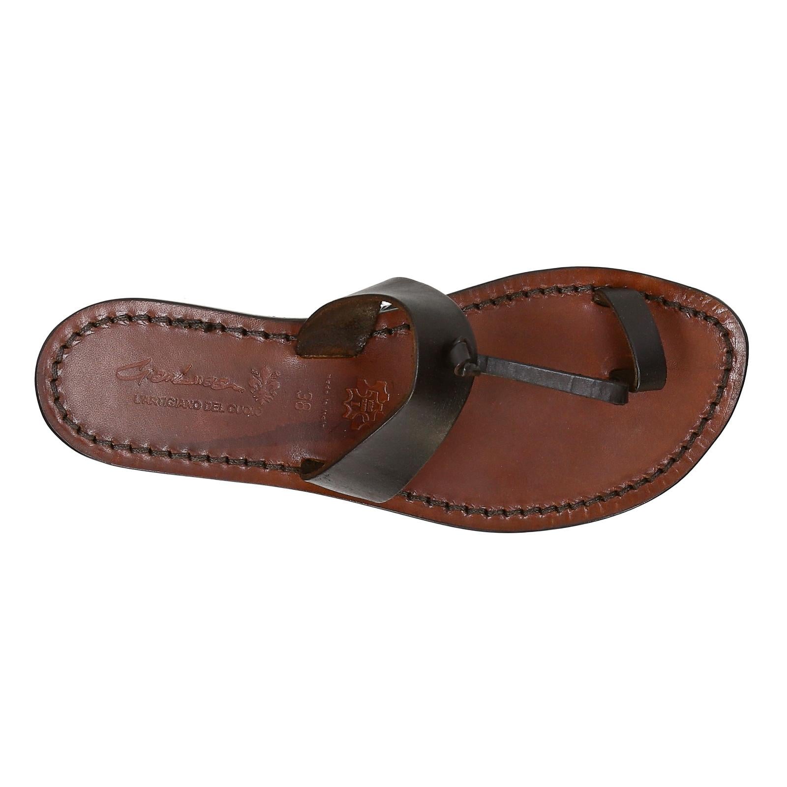 Manmade women thong in dark brown leather