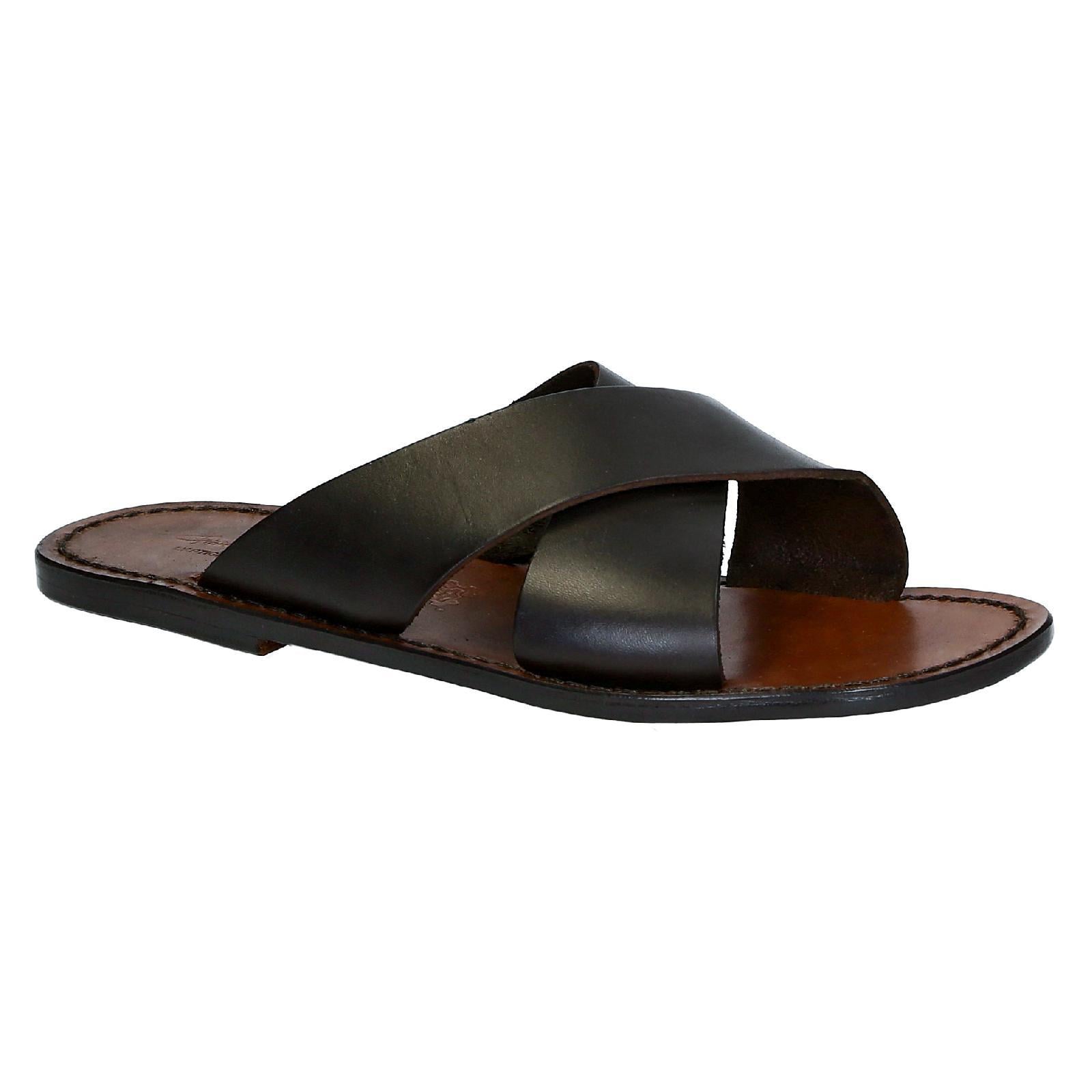 Mens leather slippers handmade in Italy in dark brown leather