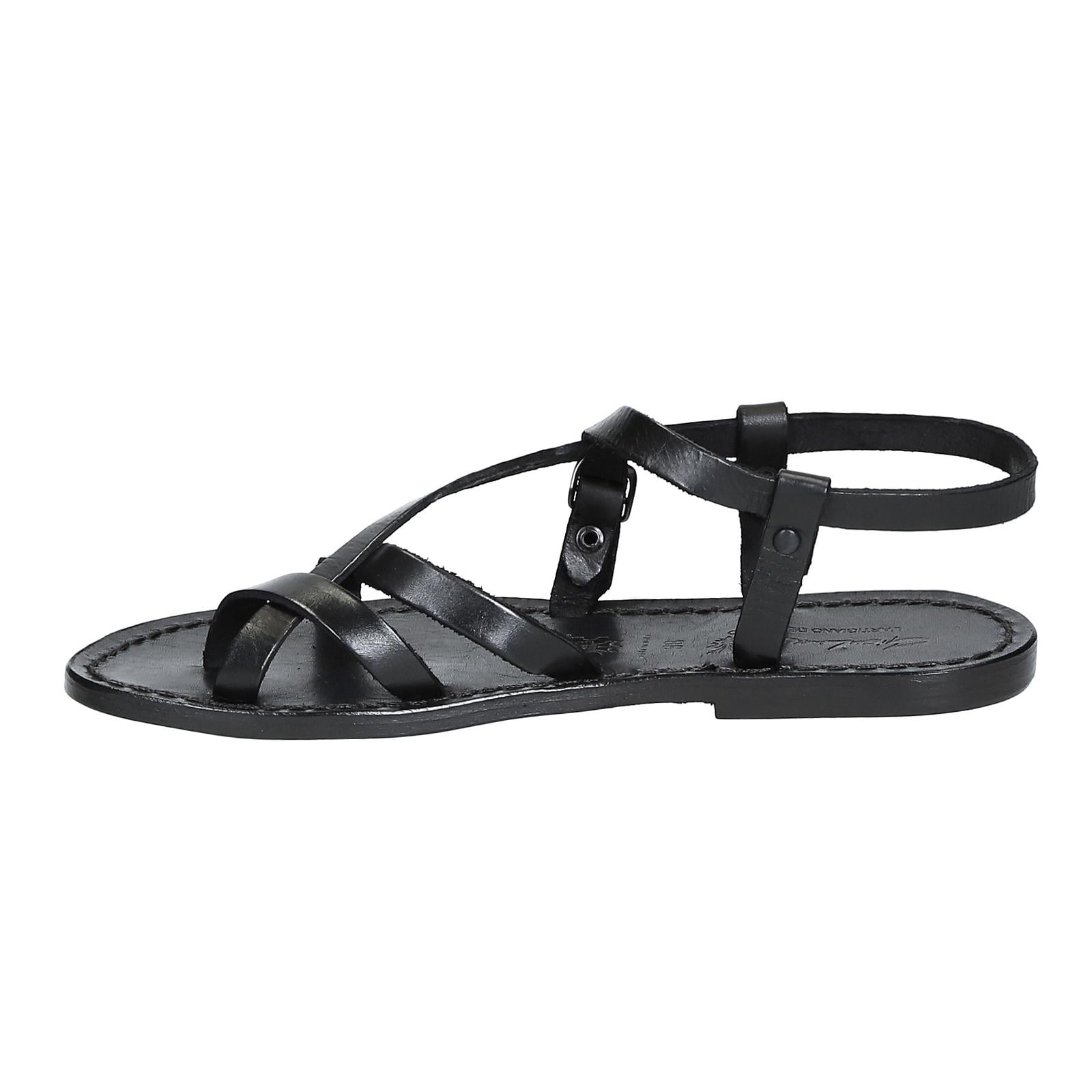 Womens black strappy sandals handmade in cuir leather