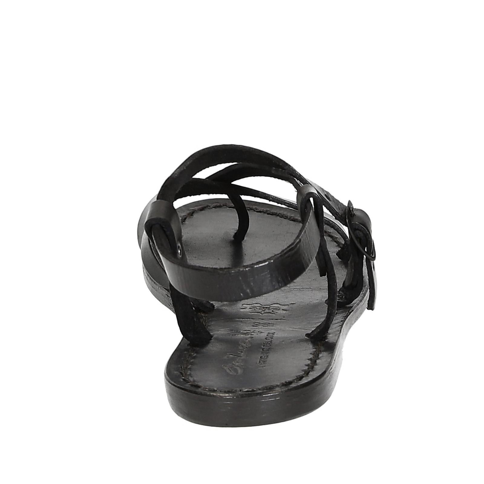Womens black strappy sandals handmade in cuir leather