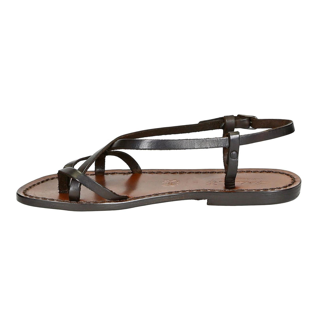 Ladies handmade sandals in dark brown leather Made in Italy