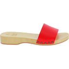 Zoccoli di legno artigianali da uomo con fascia in pelle rossa