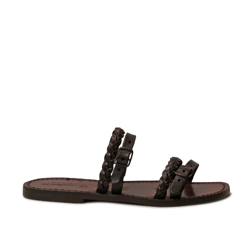 Hand gefertigte Damen-Slippersandalen aus dunkelbraunem Leder