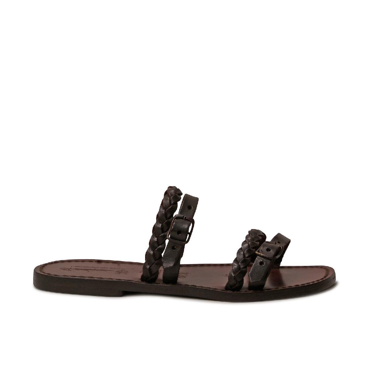 Handmade women's slipper sandals dark brown leather