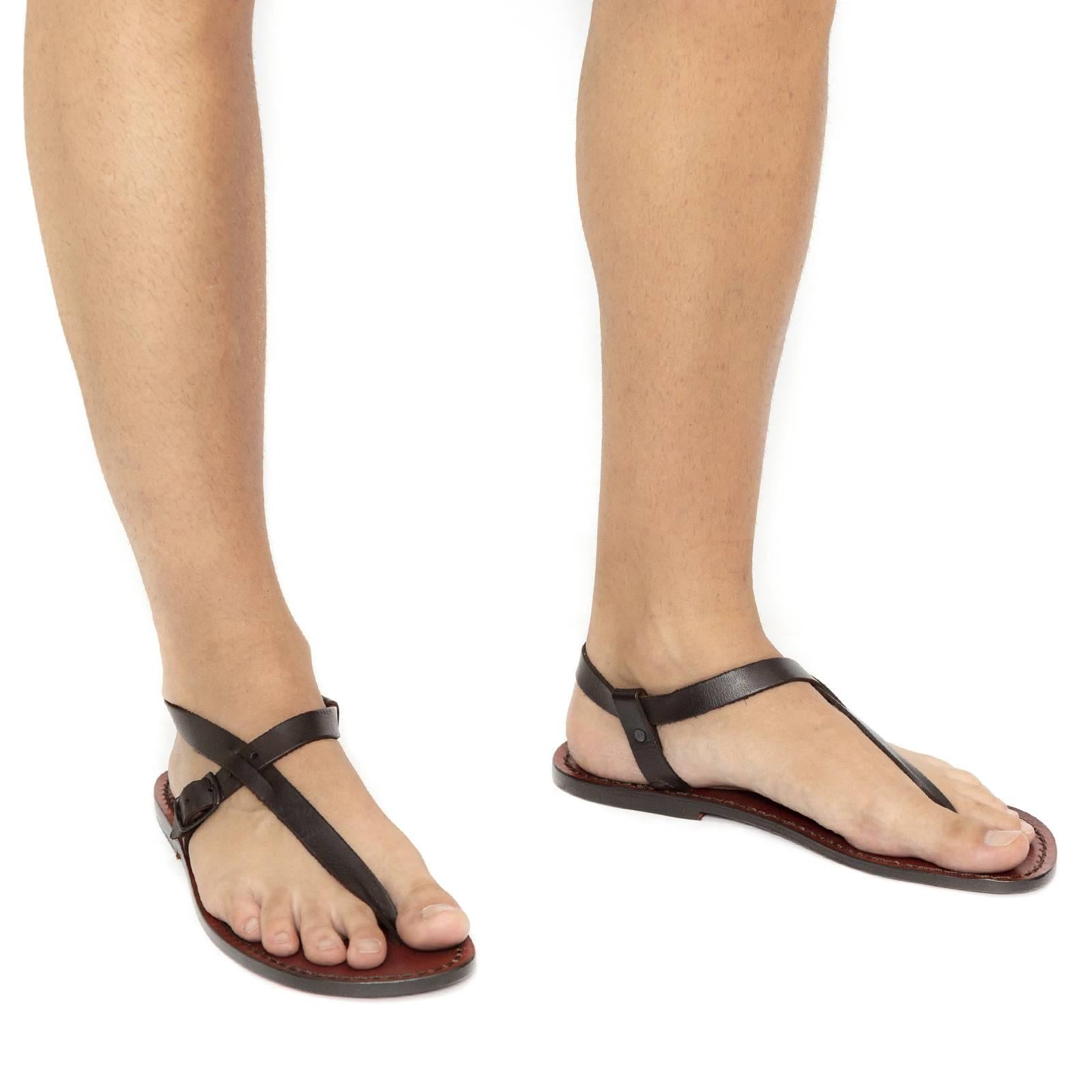 Handmade brown leather thong sandals for men