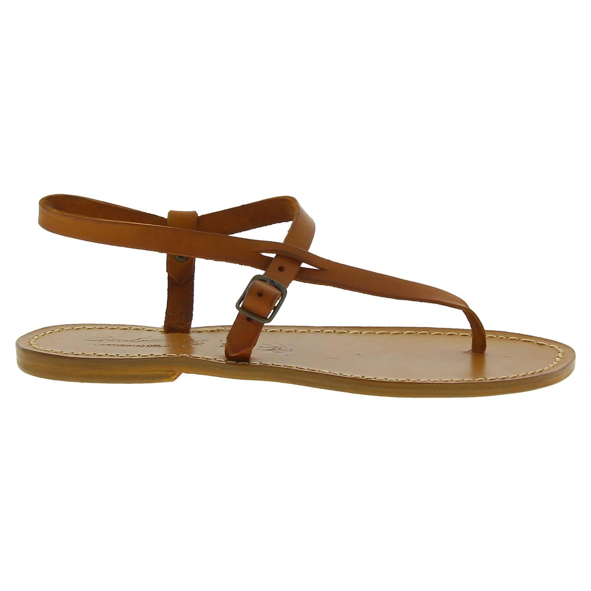 Sandali infradito artigianali da donna in pelle color cuoio