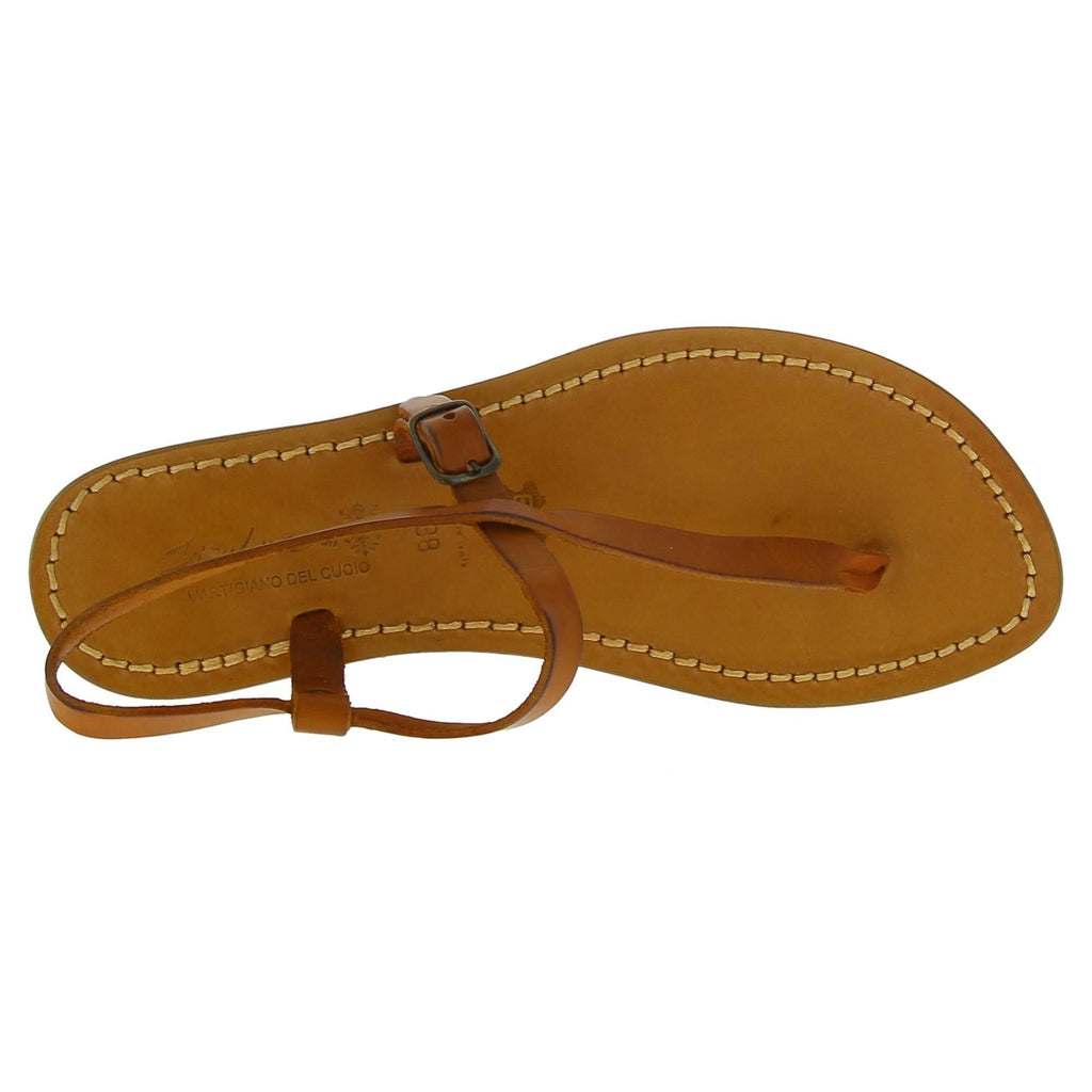 Sandali infradito artigianali da donna in pelle color cuoio