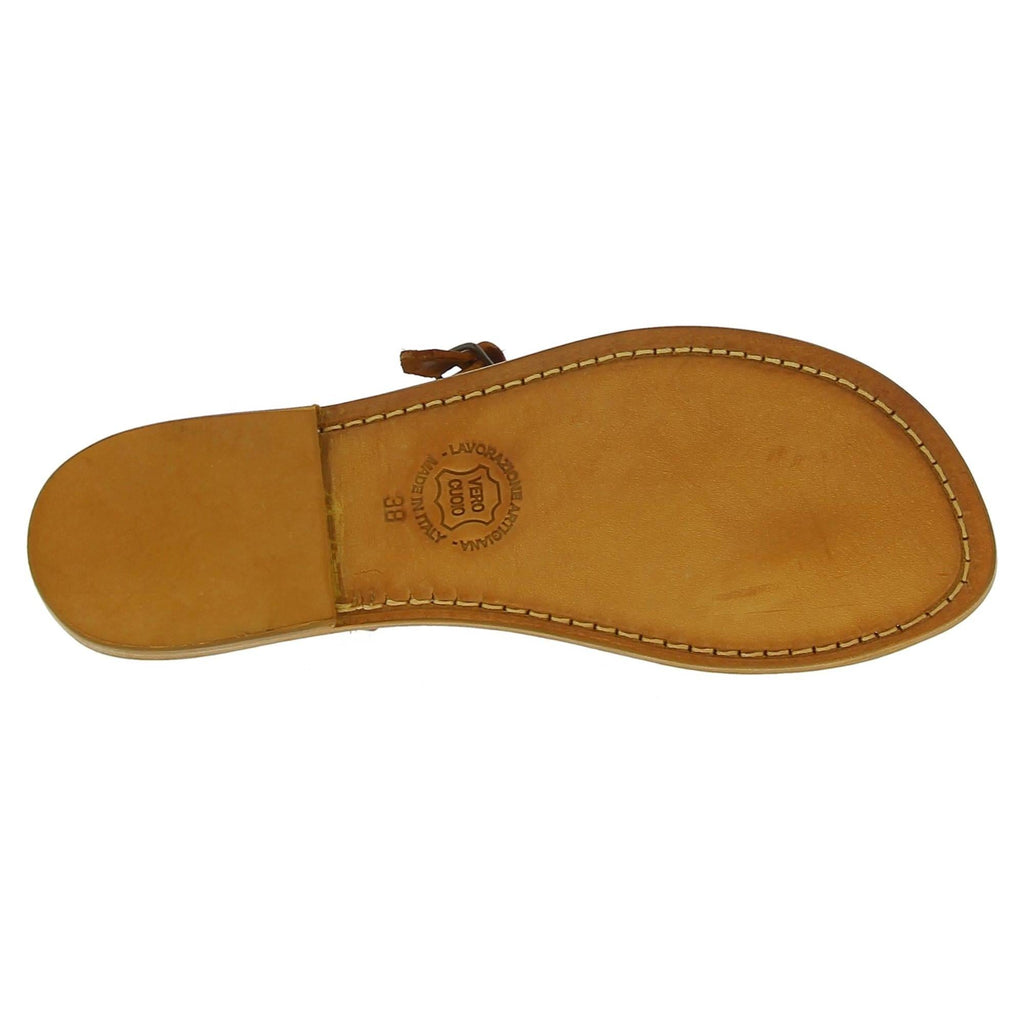 Sandali infradito artigianali da donna in pelle color cuoio