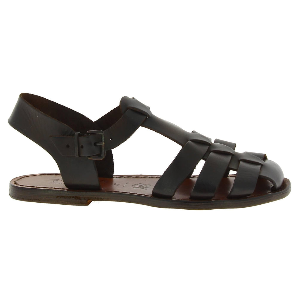 Sandalias planas marrón oscuras para las mujeres reales de cuero hecho a mano en Italia