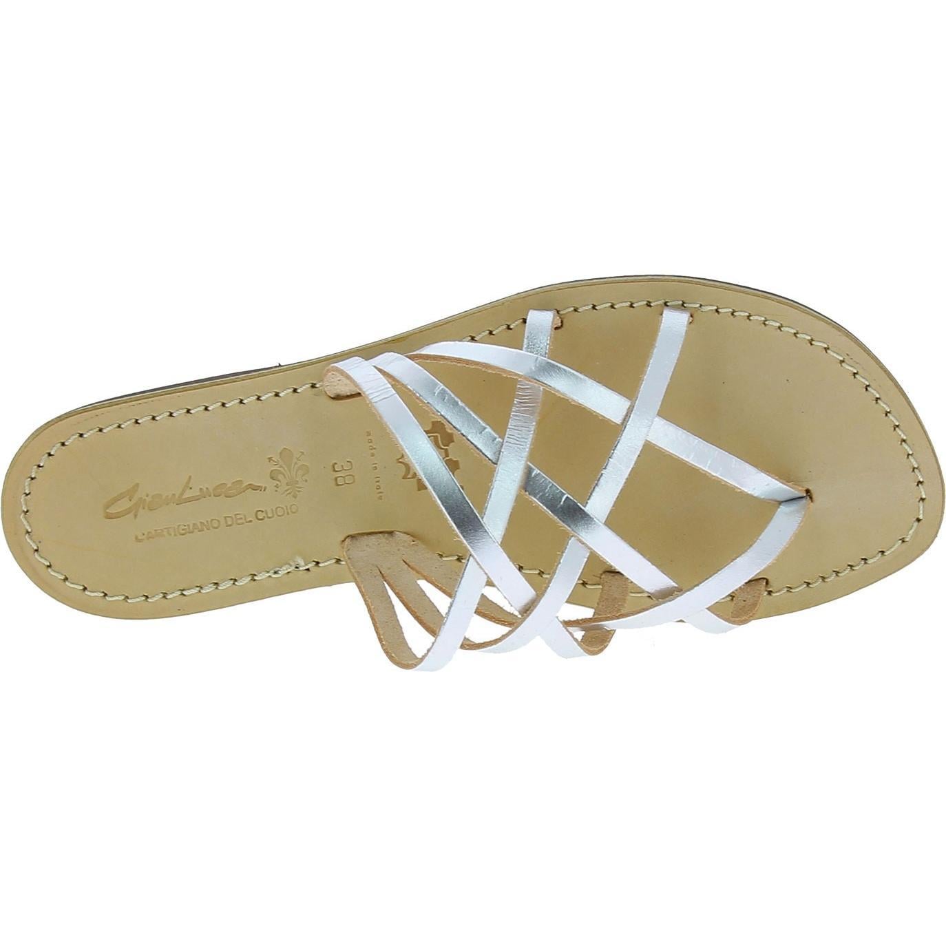Handmade womens silver flat sandals thongs with leather sole