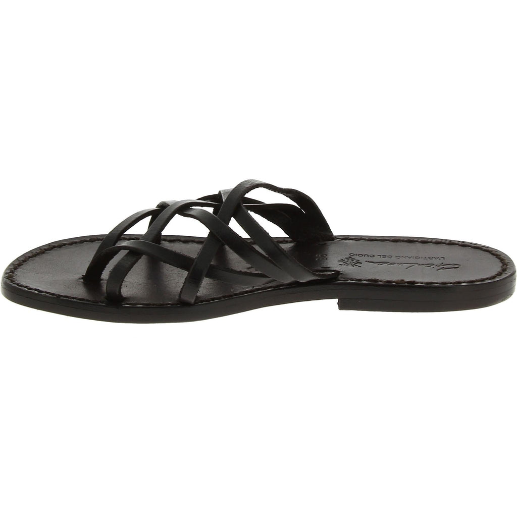 Handmade black braid leather womens slippers thongs with leather sole