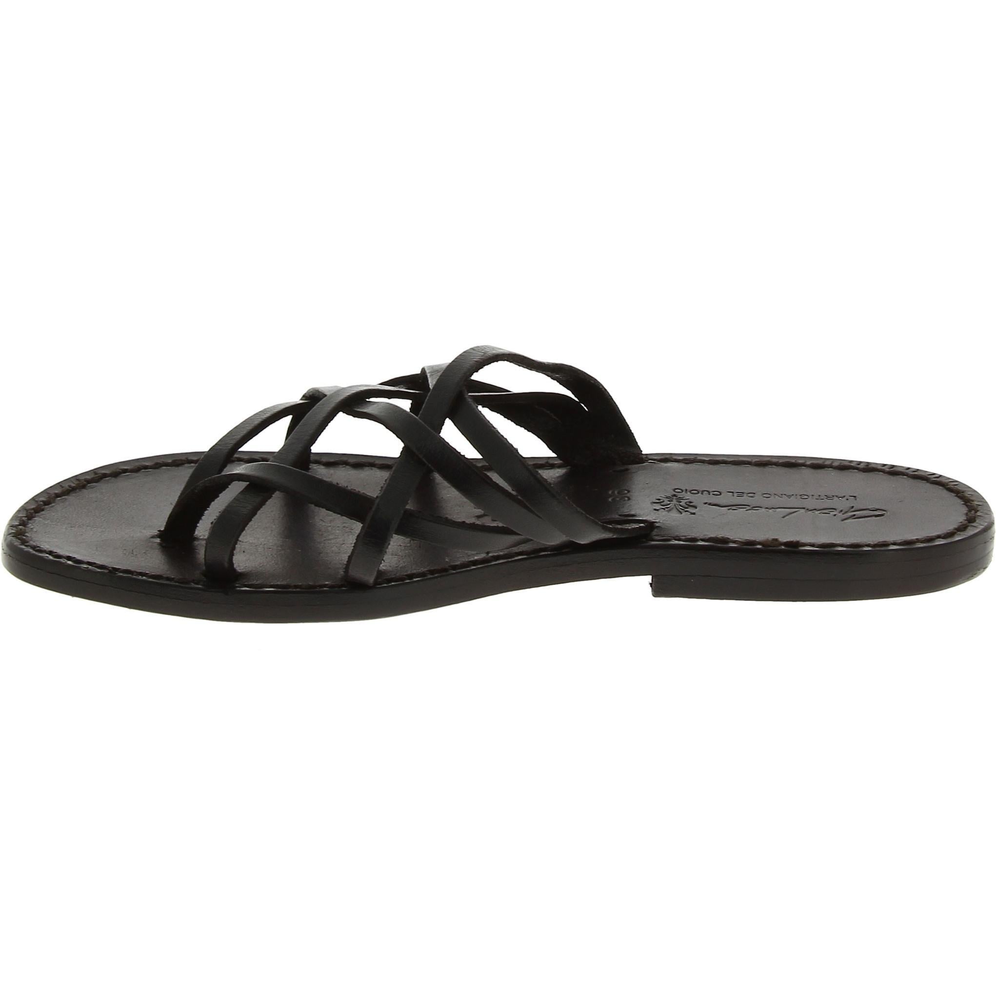 Handmade black braid leather womens slippers thongs with leather sole