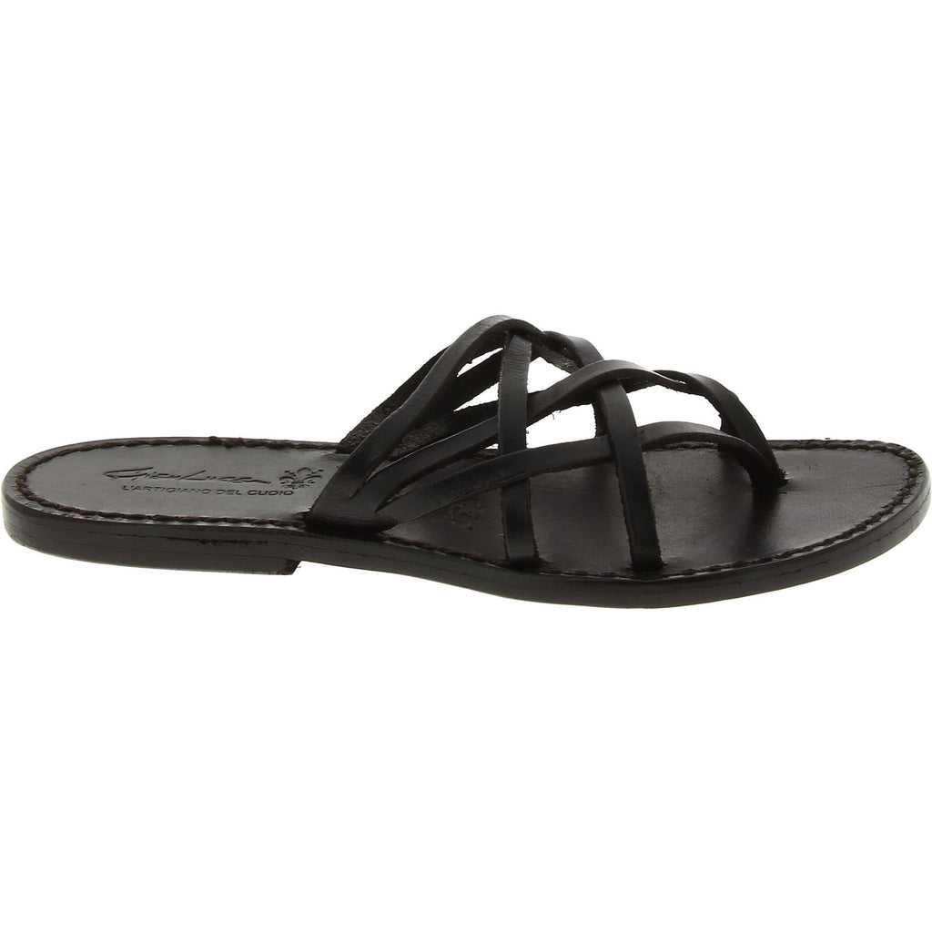 Handmade black braid leather womens slippers thongs with leather sole