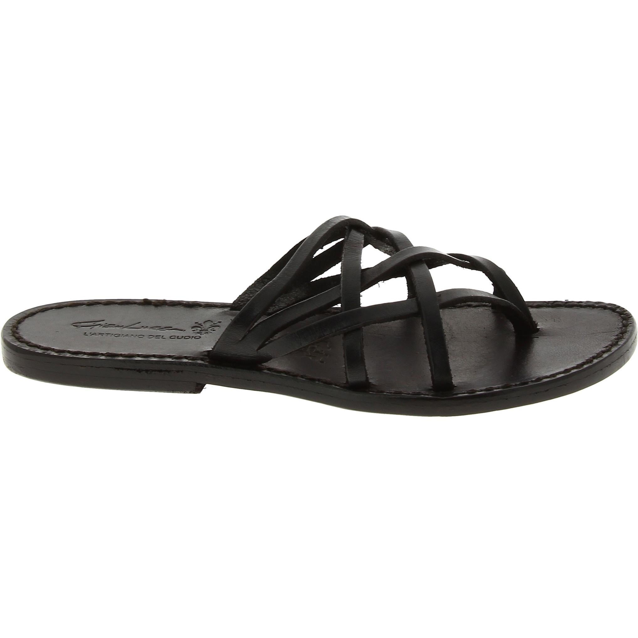 Handmade black braid leather womens slippers thongs with leather sole