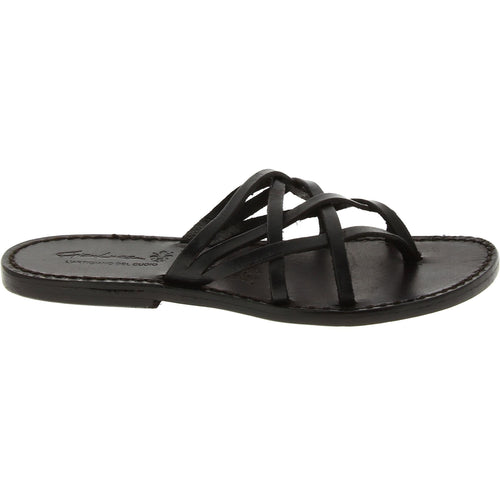 Handmade black braid leather womens slippers thongs with leather sole