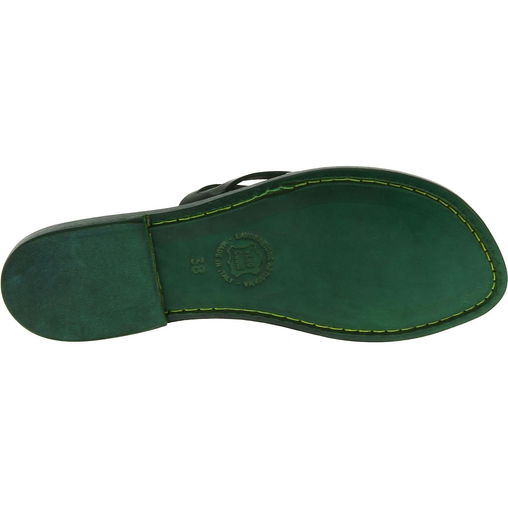 Hand gefertigte Damen-Sandalen mit Reimenstreifen aus grünem Leder mit Ledersohle
