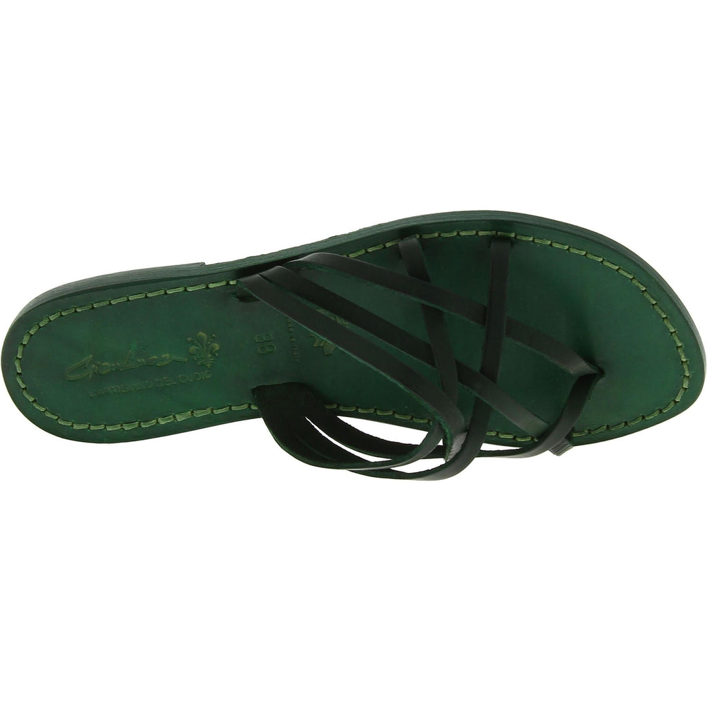 Infradito donna in pelle intrecciata verde fatti a mano con suola in cuoio
