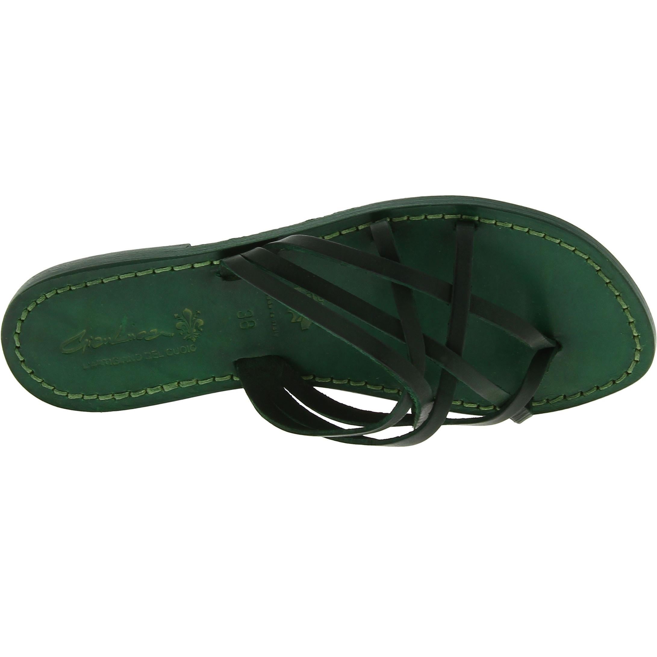 Hand gefertigte Damen-Sandalen mit Reimenstreifen aus grünem Leder mit Ledersohle