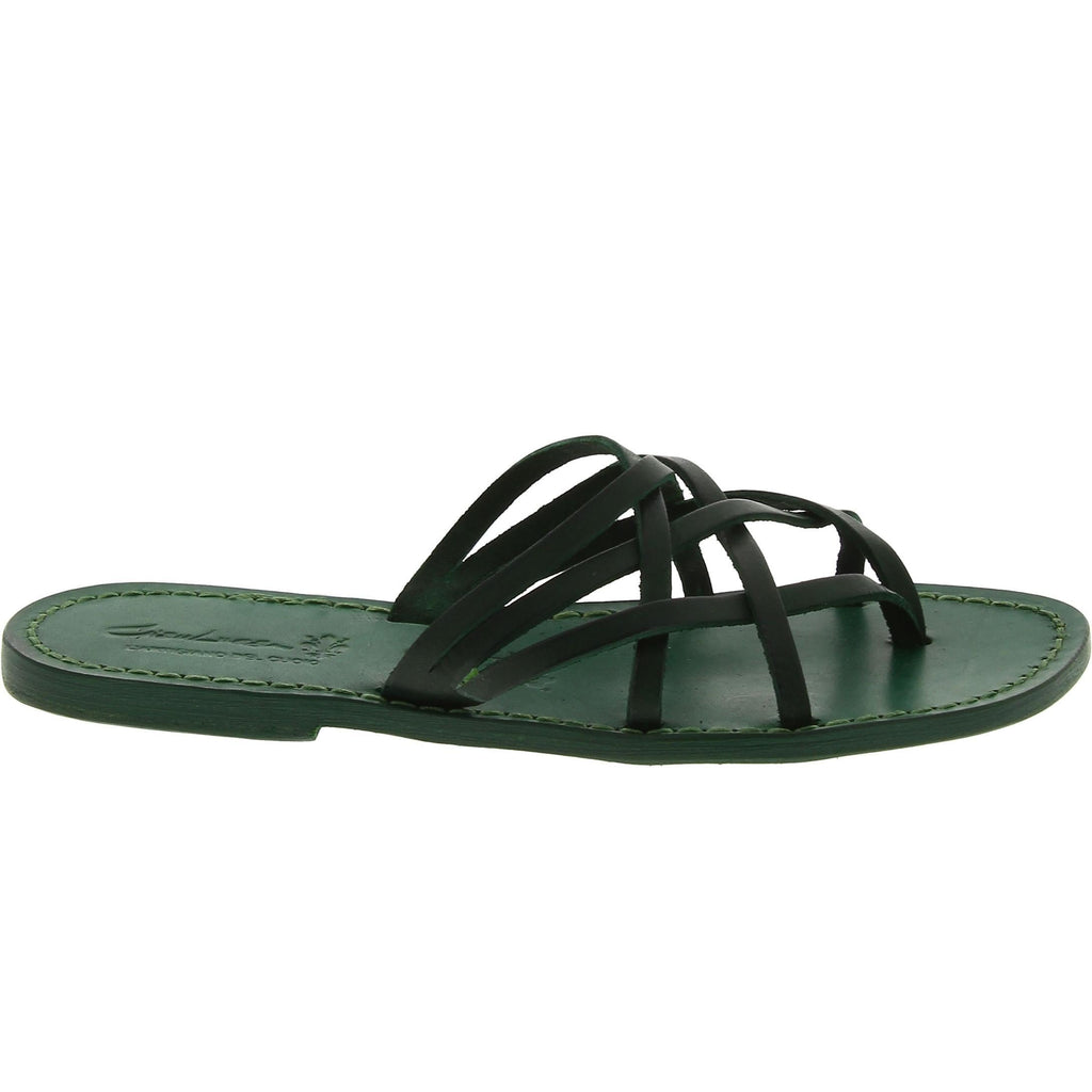 Infradito donna in pelle intrecciata verde fatti a mano con suola in cuoio