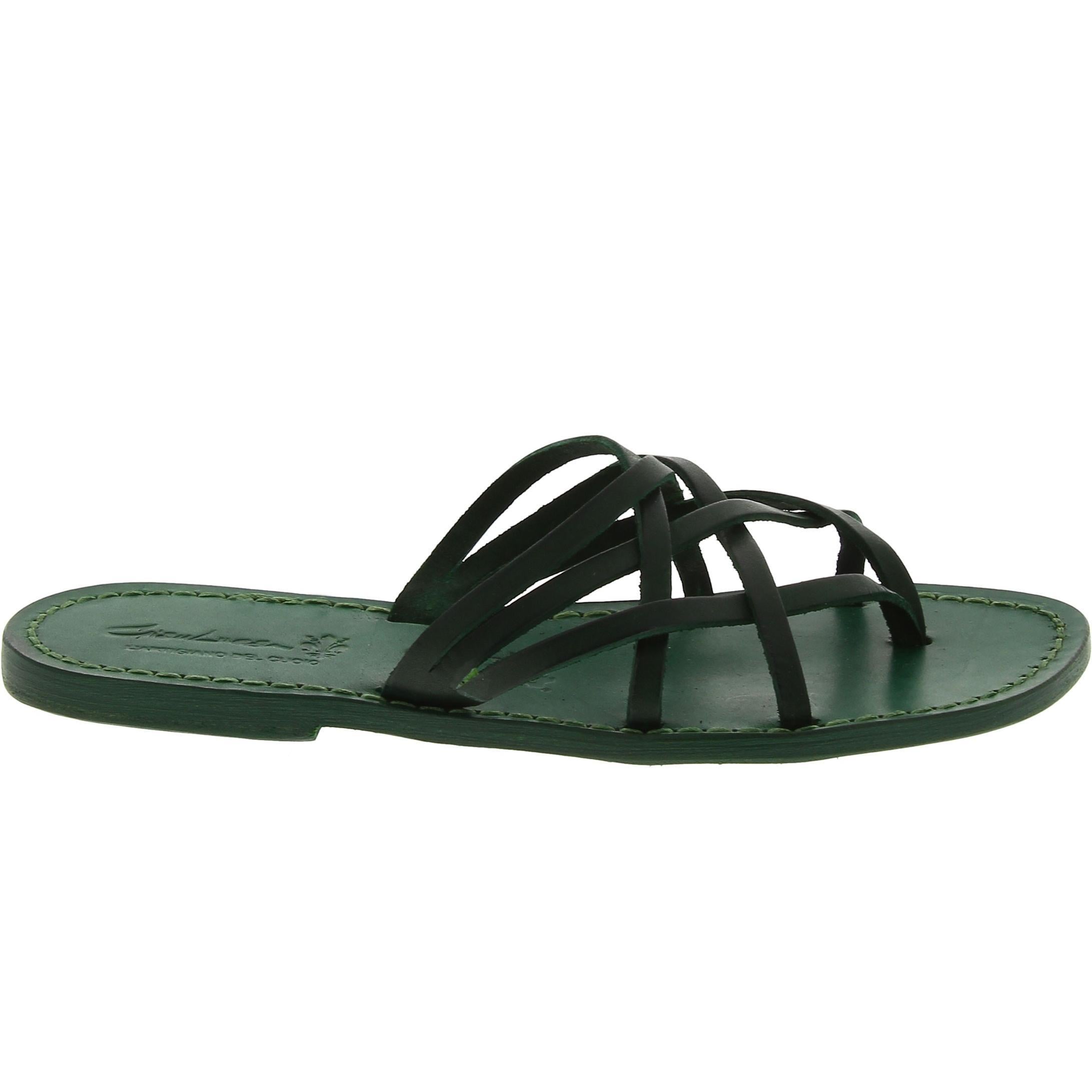 Hand gefertigte Damen-Sandalen mit Reimenstreifen aus grünem Leder mit Ledersohle
