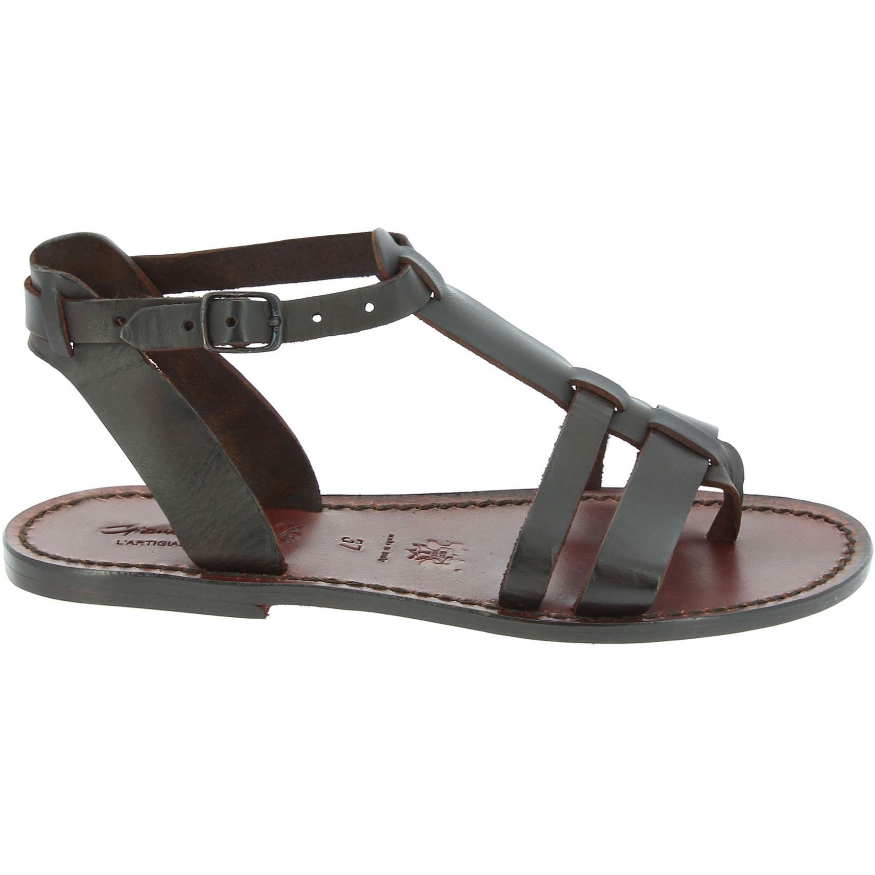 Women's leather flat brown sandals Handmade in Italy