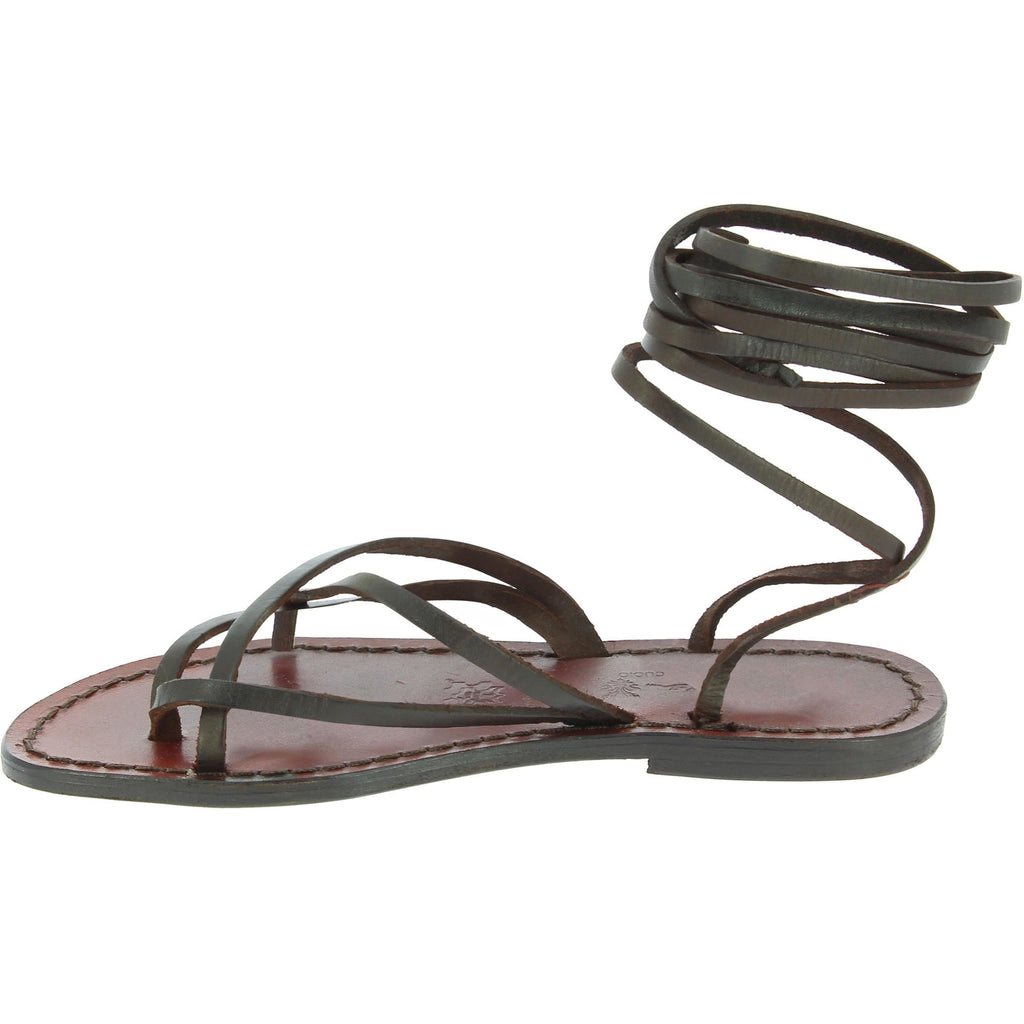 Damen-Riemchen-Sandalen aus dunkelbraunem Leder in Italien von Handgefertigt