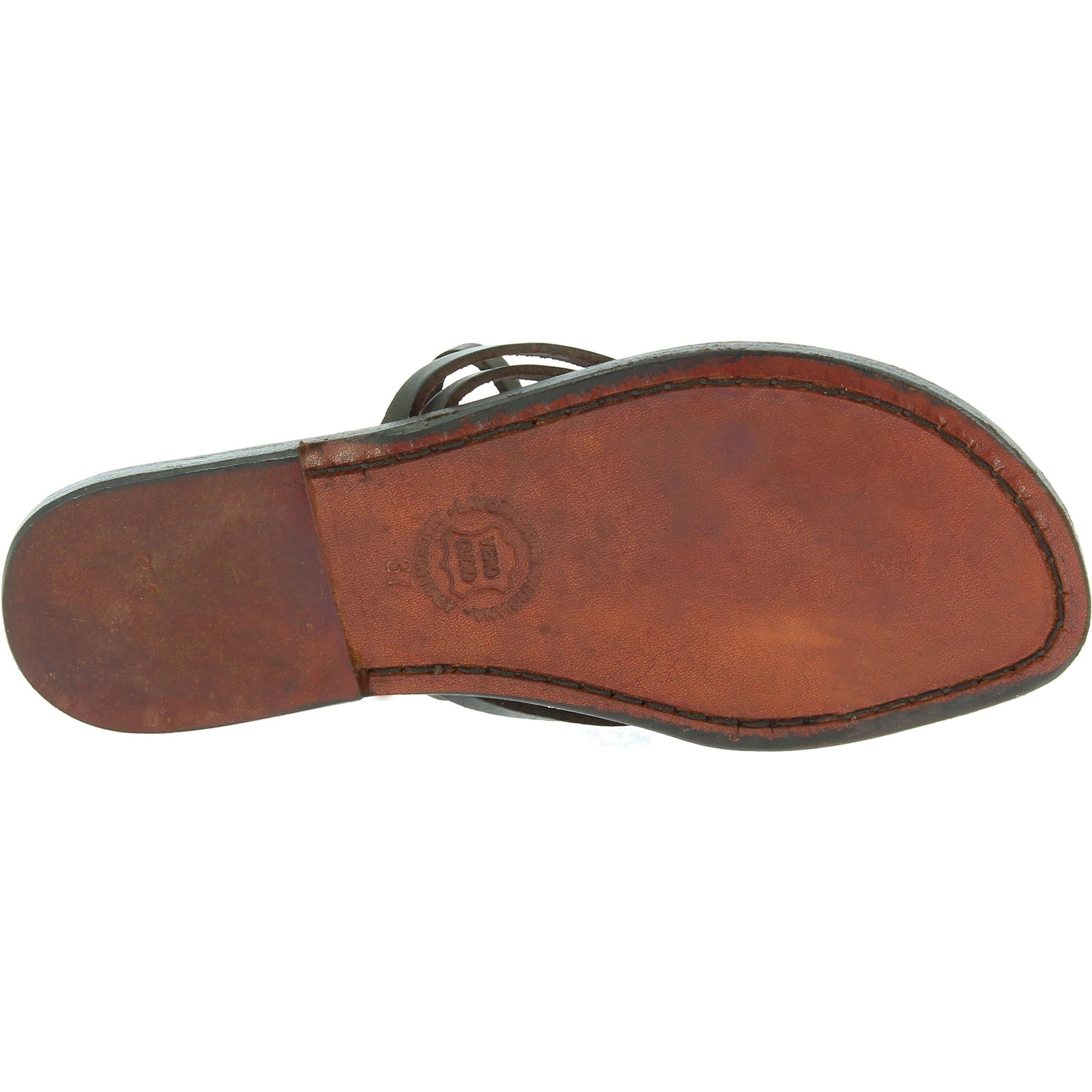 Damen-Riemchen-Sandalen aus dunkelbraunem Leder in Italien von Handgefertigt