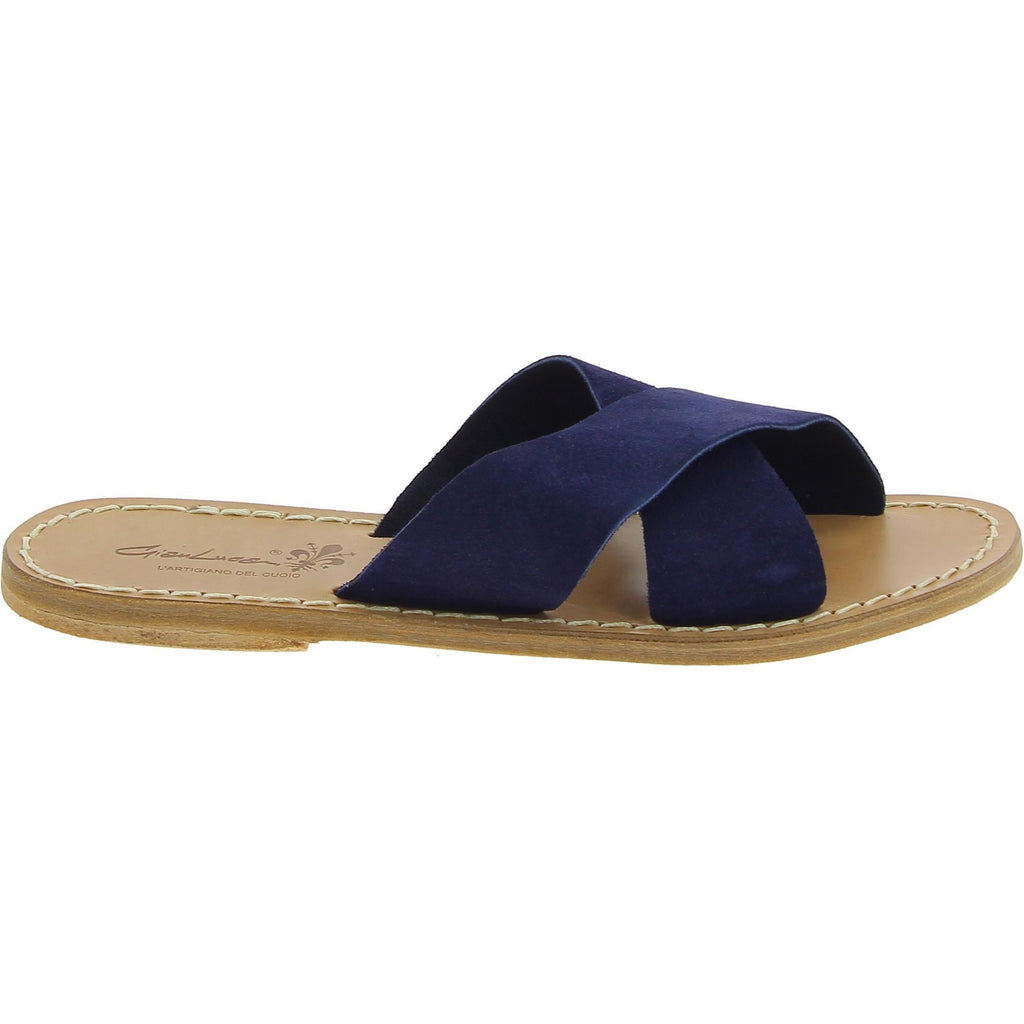 Ciabatte donna in pelle nabuk blu fatte a mano