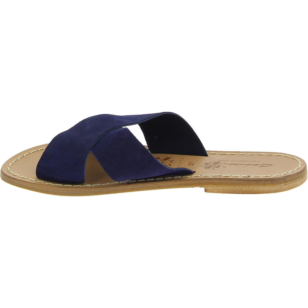 Ciabatte donna in pelle nabuk blu fatte a mano