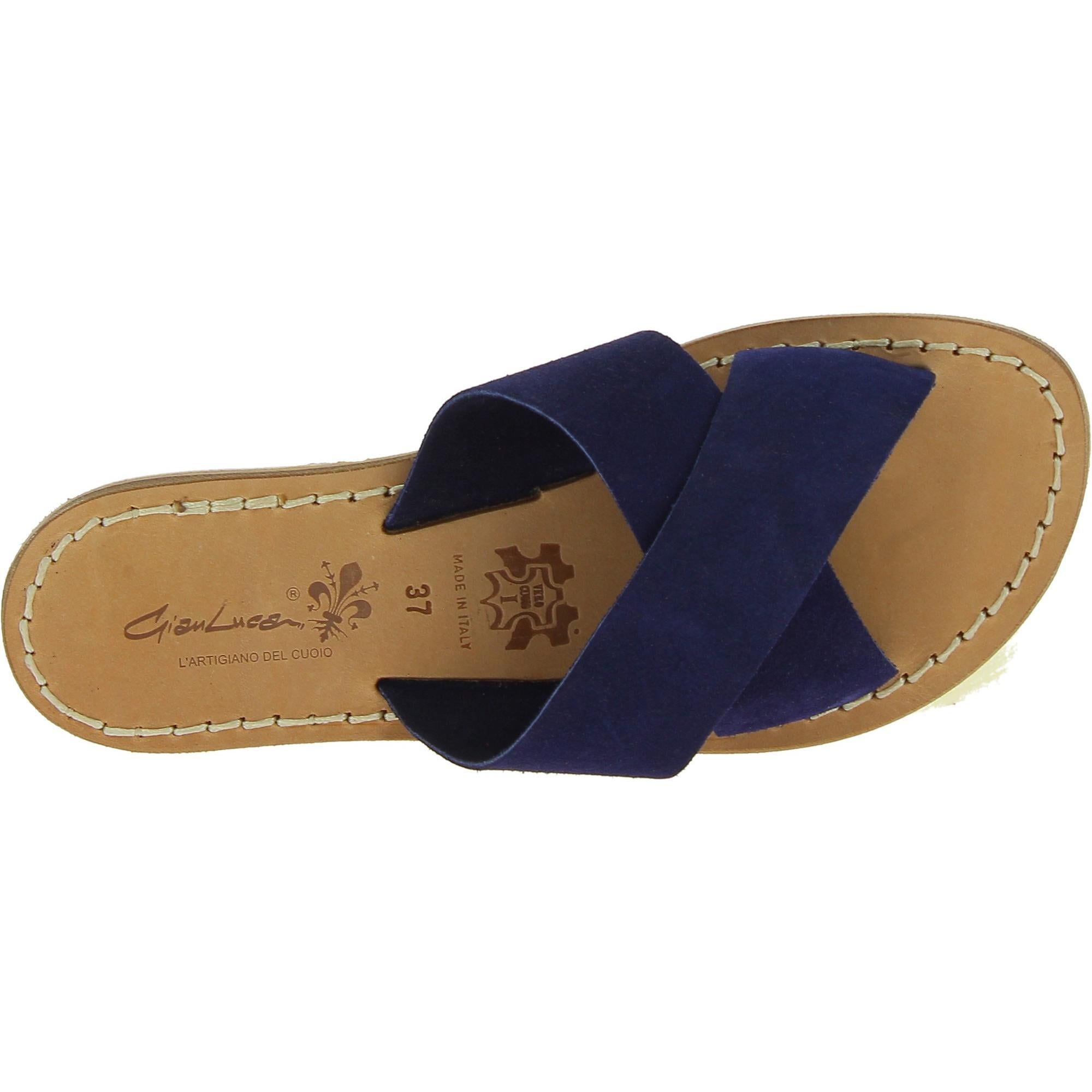 Ciabatte donna in pelle nabuk blu fatte a mano