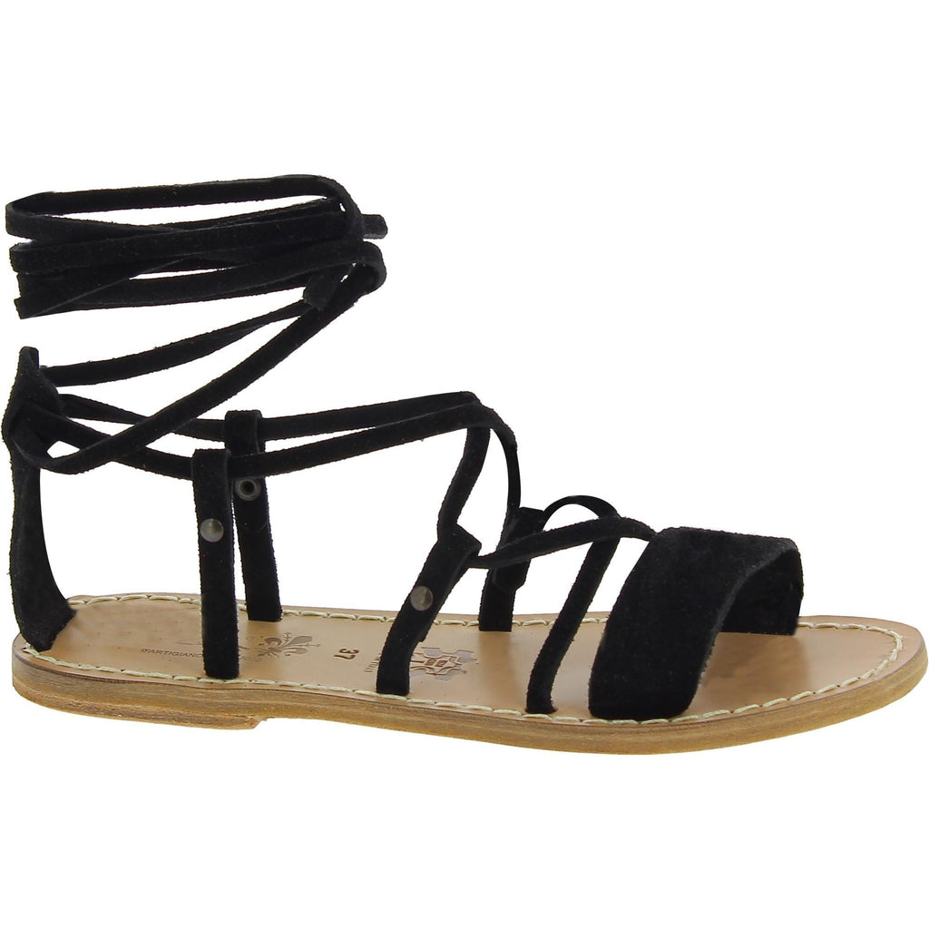 Sandali gladiatore donna in pelle nabuk nero fatti a mano