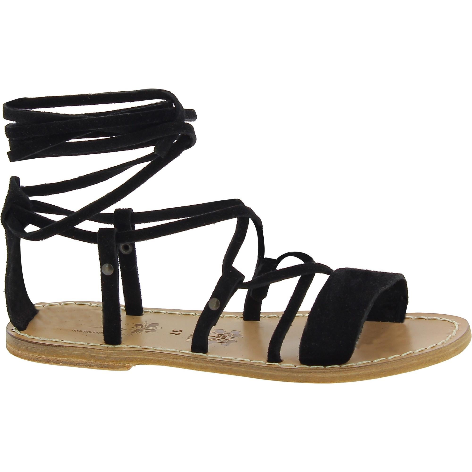 Sandali gladiatore donna in pelle nabuk nero fatti a mano