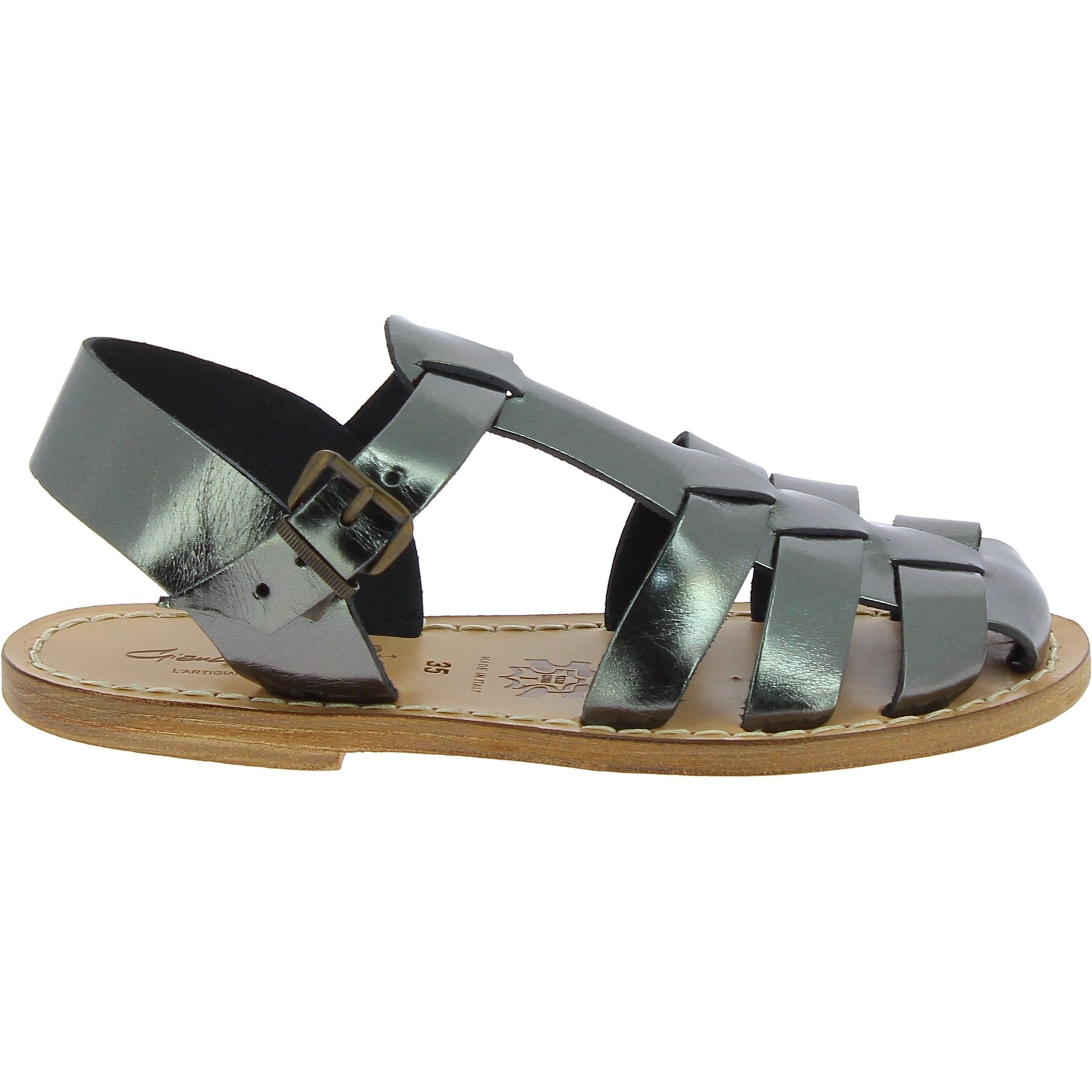 Sandali da donna in pelle color titanio fatti a mano in Italia