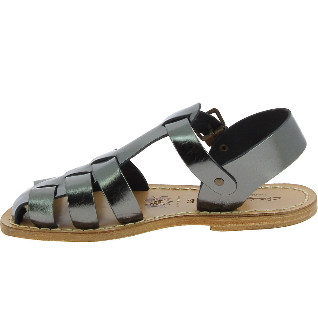 Sandali da donna in pelle color titanio fatti a mano in Italia