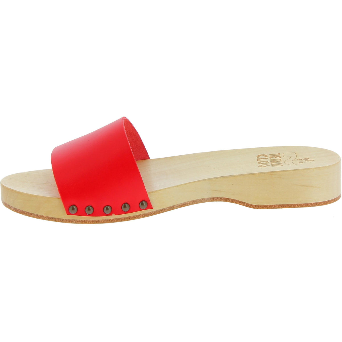 Zoccoli di legno artigianali da uomo con fascia in pelle rossa