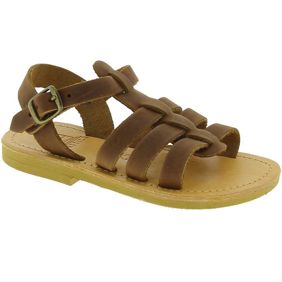 Attica Persephone Sandali gladiatore da bambino in pelle nubuck marrone chiusura con fibbia